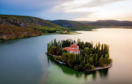 Beautiful monastery on the island of Visovac in Krka national park, Dalmatia, Croatia