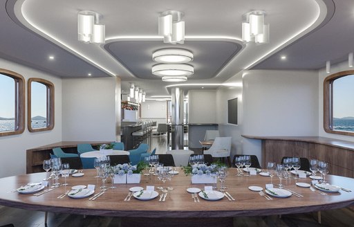 formal dining area in the main salon of motor sailor CORSARIO 