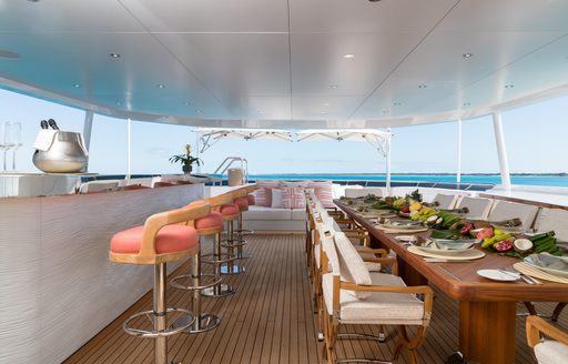 Overview of the sun deck onboard yacht rental SANTOSHA