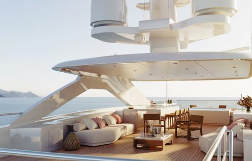 Overview of the sun deck with seating onboard charter yacht SOLEMATES