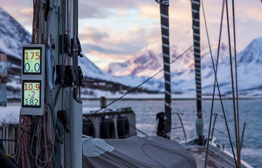 deck equipment on board charter yacht FIREBIRD while cruising snow-covered Norway