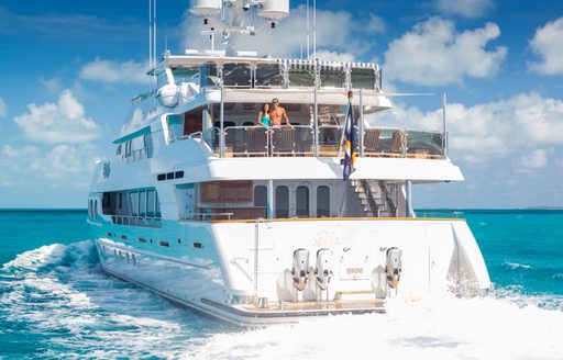 aft view of charter yacht Lady Joy as she cruises in the Mediterranean