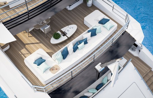 Overhead view looking down over the aft decks of superyacht charter ETERNAL SPARK