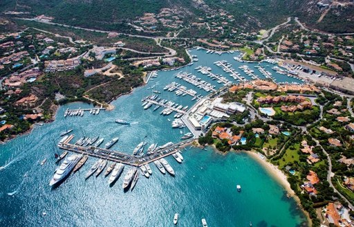 Aerial view of Porto Cervo marina in Sardinia, with Yacht Club Costa Smeralda visible