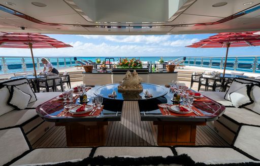Exteriors onboard charter yacht ALFA NERO with lounge area