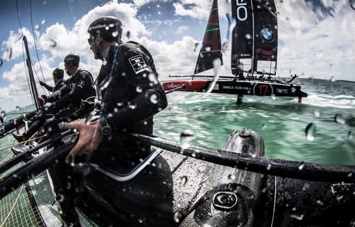 Up Close view of sailors on board catamaran competing in the America's World Cup Series New York