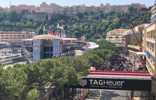 The Monaco Grand Prix circuit with a Tag Heuer sponsored bridge