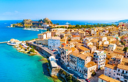 Elevated view looking down on the coastline of Corfu