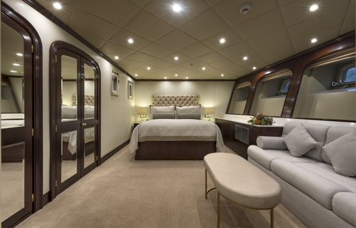 the half beam cabin on the lower deck provides the guests on board charter yacht the wellesley lots of natural light to wake up every day to the glow of the mediterranean sun