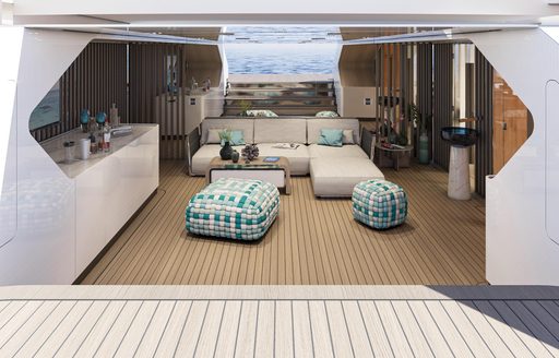 Overview of the lounge area inside the beach club onboard superyacht charter ETERNAL SPARK