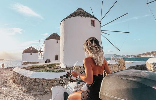 Mykonos - Cycladic Windmills motorbike people