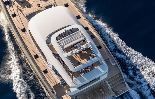 Aerial image of superyacht Doube Down with sun deck