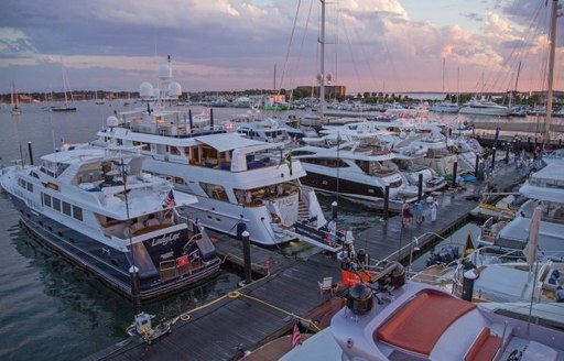 Superyachts lined up along Newport Harbour