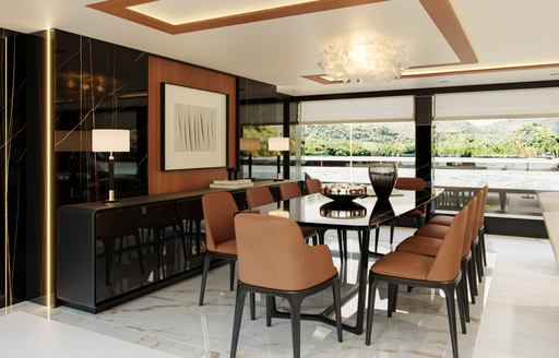 Interior dining table onboard charter yacht SAIRU