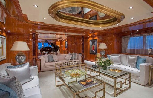 The opulent main salon of luxury yacht Double Down