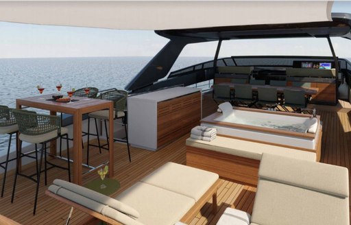 noor luxury yacht flybridge with jacuzzi and dining