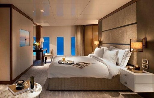 stylish master suite on board luxury yacht Orient Star