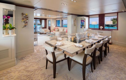 the interiro dining area of superyacht time for us as she cruises the New England