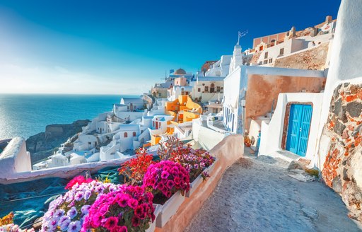 Hillside view of colorful houses in Oia, Santorini