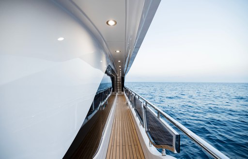 Walkaround side deck onboard charter yacht OPTIMISM, with views of the sea to starboard