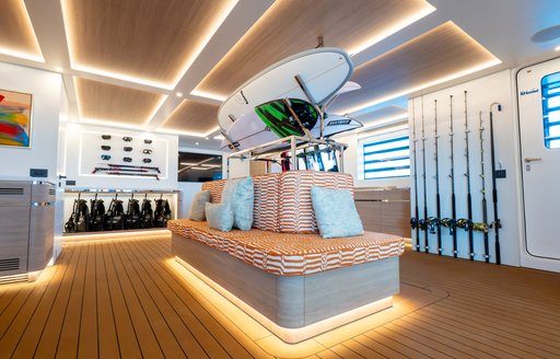 Interiors onboard charter yacht LIMERENCE with water toy equipment and seating