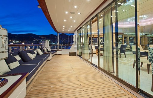 aft deck of expedition yacht ‘Force Blue’ looking into interior