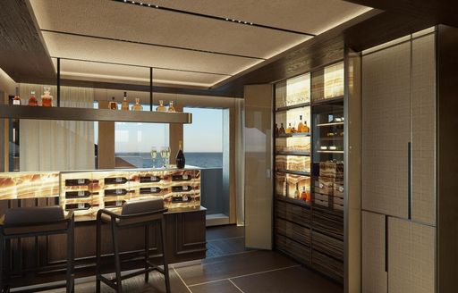 Charter yacht GECO interior wet bar with wine bottles