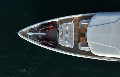Overhead view looking down on bow of charter yacht GEULUNEL