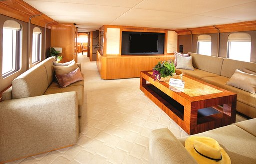 Lounge area of main deck on board expedition yacht Anda