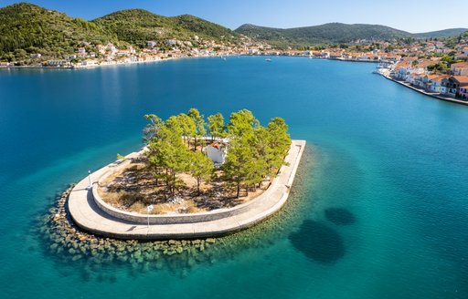 Aerial view of Lazareto island on Ithaca island, Kefalonia, Ionian sea, Greece