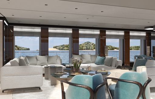 Interior lounge area onboard charter yacht SOLEMATES