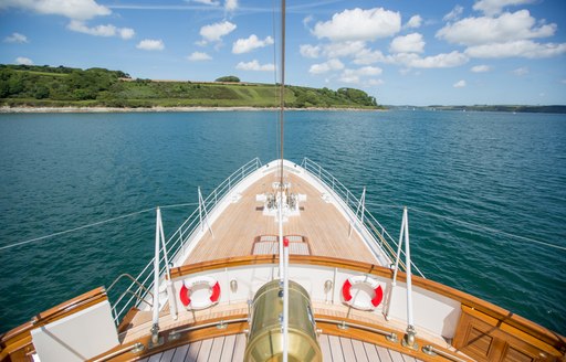 Aerial view of bow of classic yacht Malahne