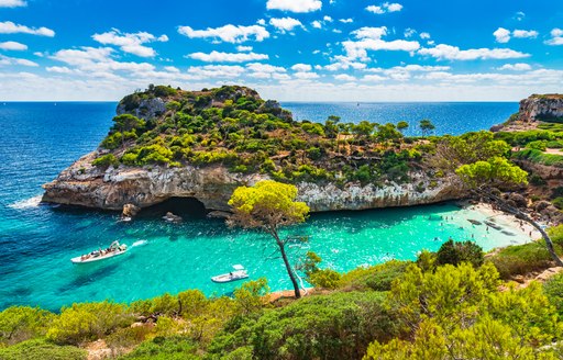 Mediterranean Sea beach at Majorca island, stunning seaside scenery of Cala Moro cove, Spain Balearic Islands.