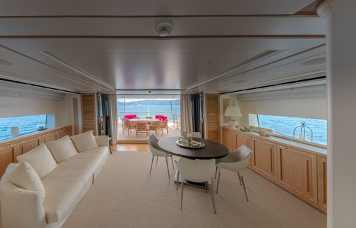 Light interior on Motor yacht 'My Way' with lightly colored furnishings