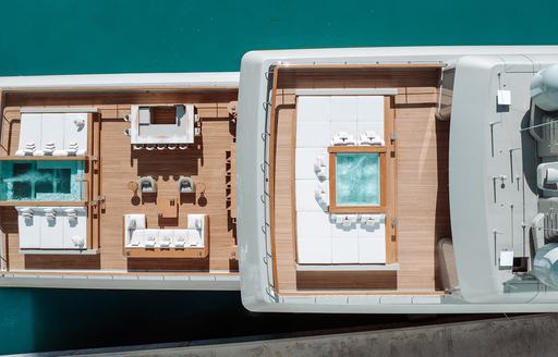 Charter yacht GECO BY G.ARMANI overhead view with deck Jacuzzi and swimming pool