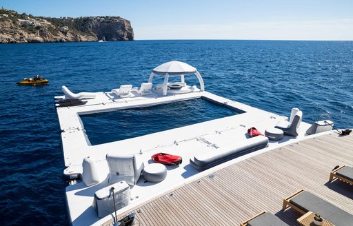 Water toys and floating platform deployed adjacent to charter yacht BOADICEA