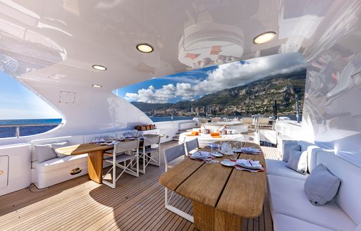 Charter yacht SOLAFIDE sun deck and shaded seating
