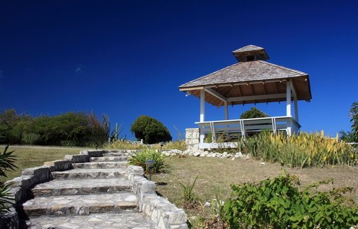 A pagoda at the top of some steps in Antigua