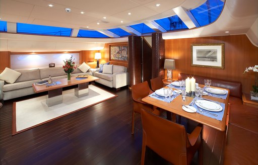 dining and lounging areas on board charter yacht SHOGUN