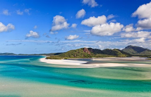 white sandy beach backed by forest and surrounded by turquoise waters in the Great Barrier Reef