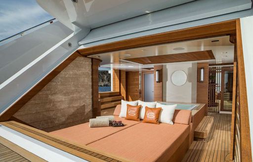 Overview of the beach clubs with sunpads onboard charter yacht LIFE SAGA