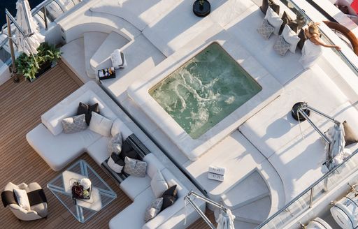 Aerial view of sundeck jacuzzi on aft deck of charter yacht 11/11