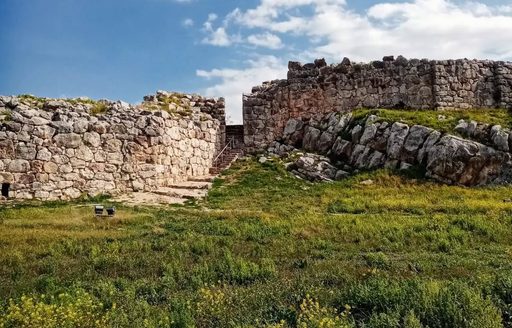 Mycenean Acropolis of Tiryns exterior view of stepped entrance