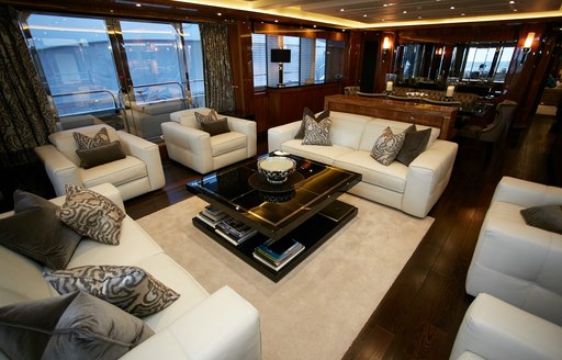 Main salon with side balconies on board motor yacht