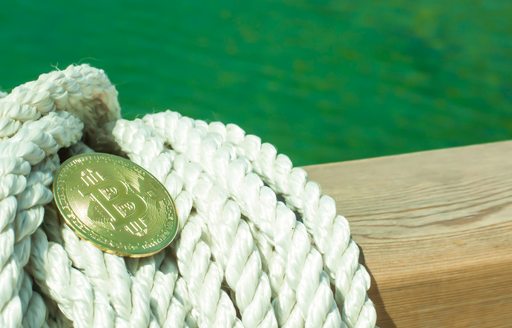 Close up of a yacht's capping rail and rope with a Bitcoin sitting on top