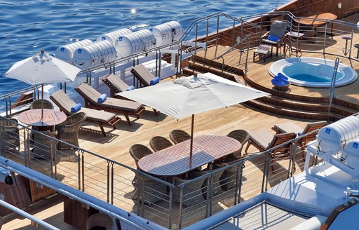 Sundeck of famous charter yacht Christina O, with dining and seating options