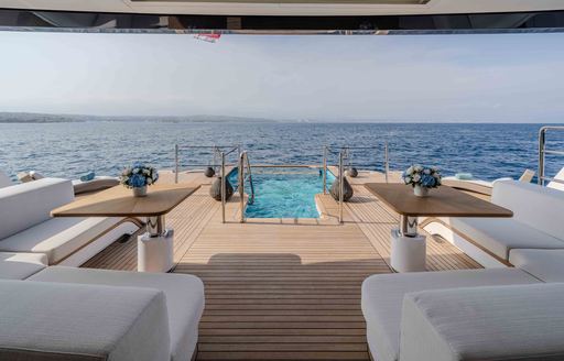 Charter yacht SYMMETRY aft deck overview with view of sea