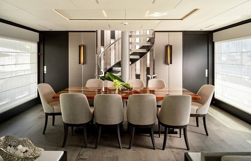 Charter yacht CYNDERELLA interior dining area with long table