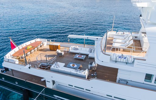 Overhead view of the aft decks of superyacht charter EMERALD