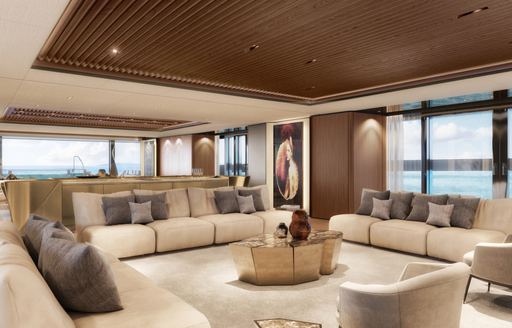 Charter yacht SILVER FOX lounge area rendering with plush seating